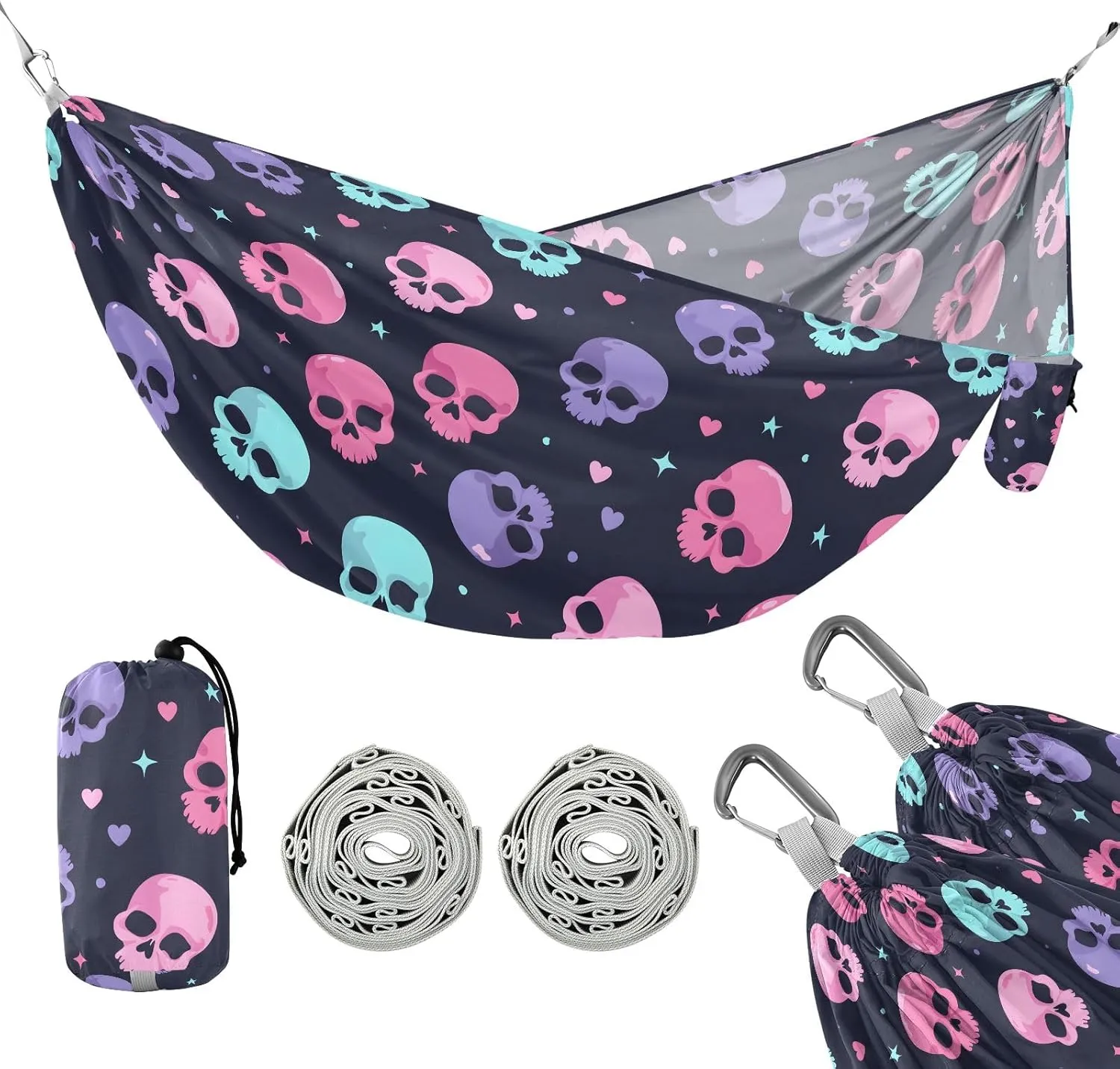 Camping Hammock Outdoor Hammocks for Outside Cute Skull Head Beach Trees Portable Lightweight with Pockets Tree Straps Indoor