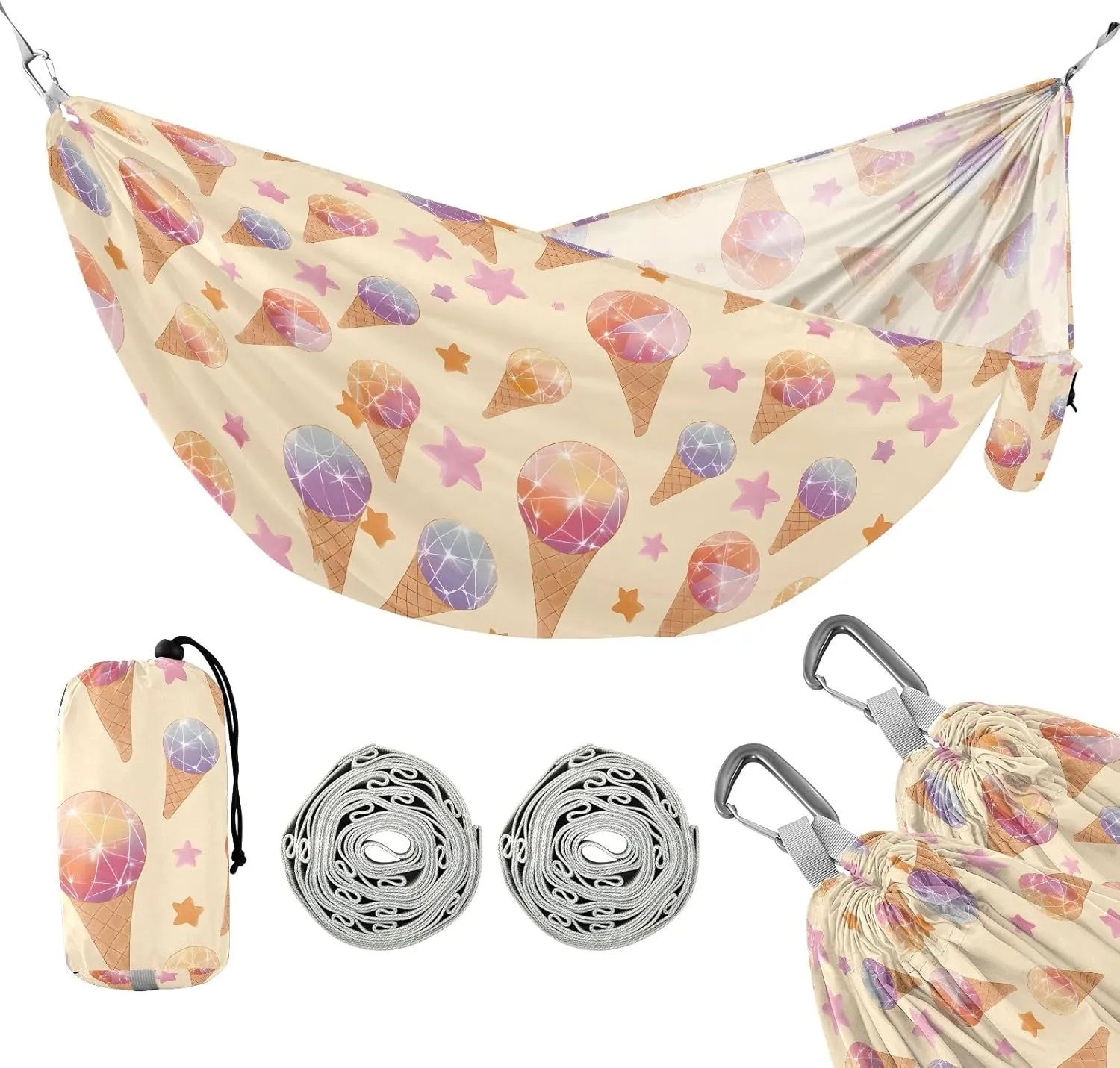 Camping Hammock Outdoor Hammocks for Outside Ice Cream Cute Beach Trees Portable Lightweight with Pockets Tree Straps Indoor Small
