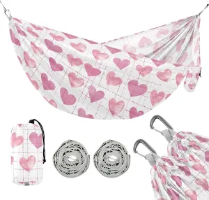 Camping Hammock Outdoor Hammocks for Outside Pink Hearts Grid Beach Trees Portable Lightweight with Pockets Tree Straps Indoor