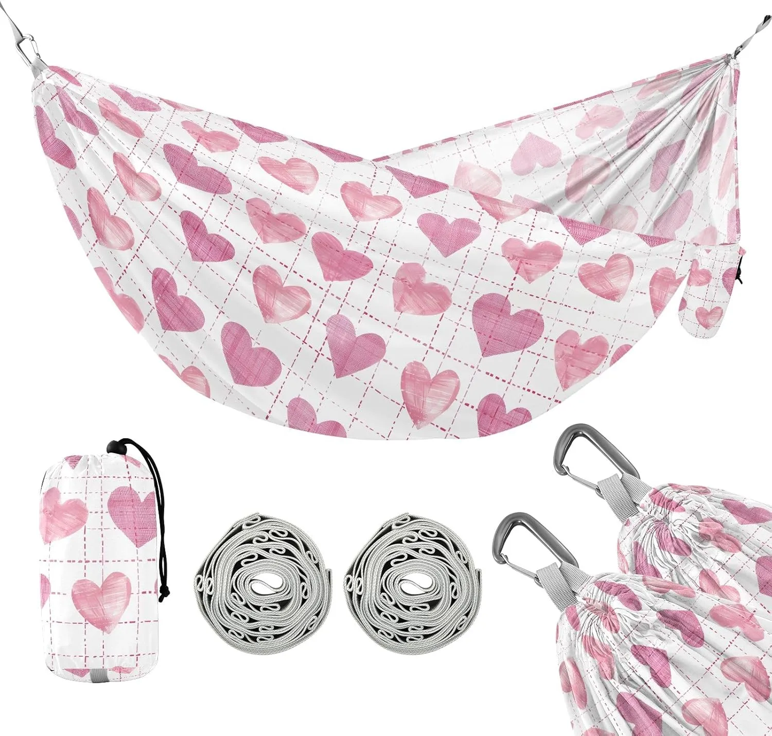 Camping Hammock Outdoor Hammocks for Outside Pink Hearts Grid Beach Trees Portable Lightweight with Pockets Tree Straps Indoor