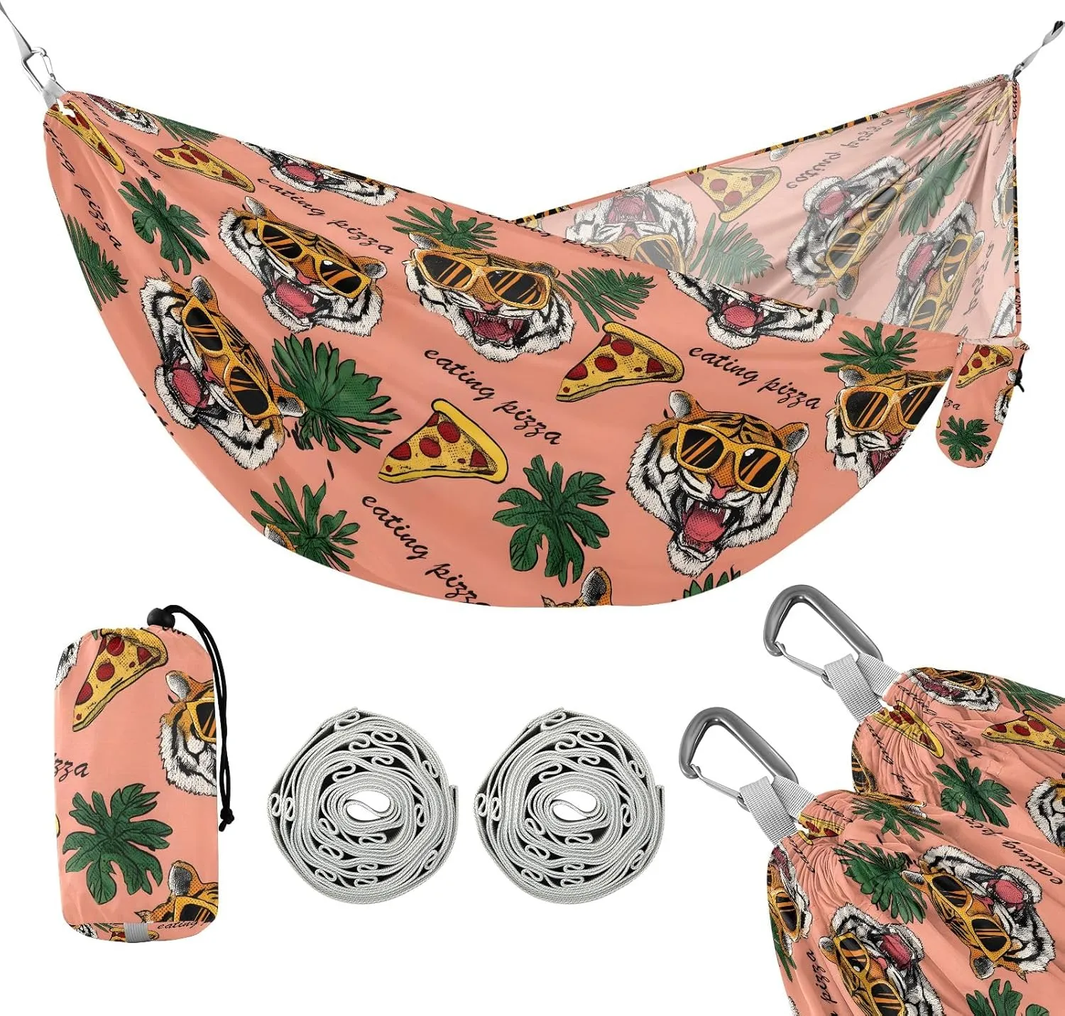 Camping Hammock Outdoor Hammocks for Outside Tiger Pizza Beach Trees Portable Lightweight with Pockets Tree Straps Indoor Small