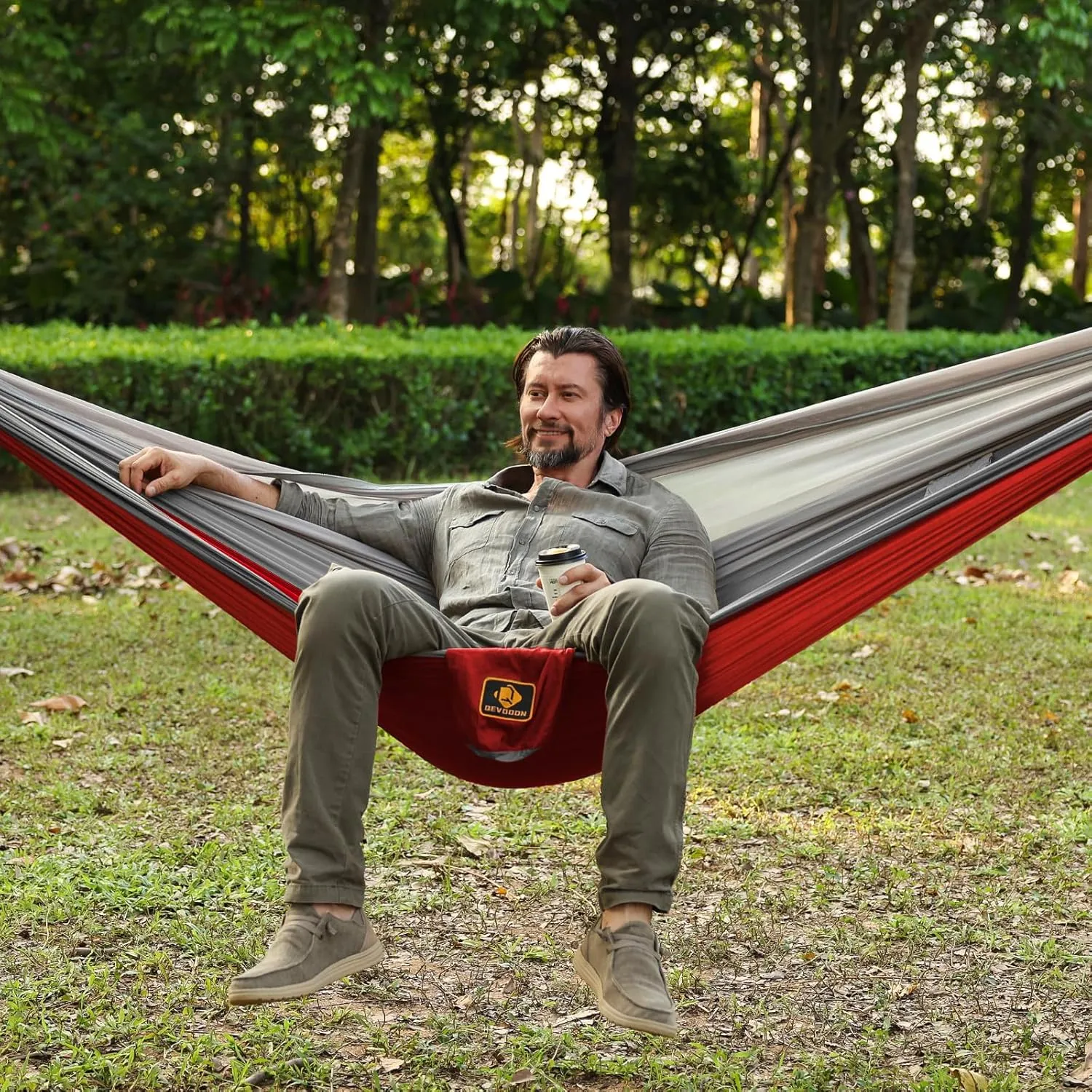 Camping Hammock, Portable Hammocks with Mosquito Net,Lightweight Nylon Parachute Hammock with 10ft Tree Straps,Camping Gear Must Haves for Travel Hiking Backpacking Beach Patio-Red&Grey