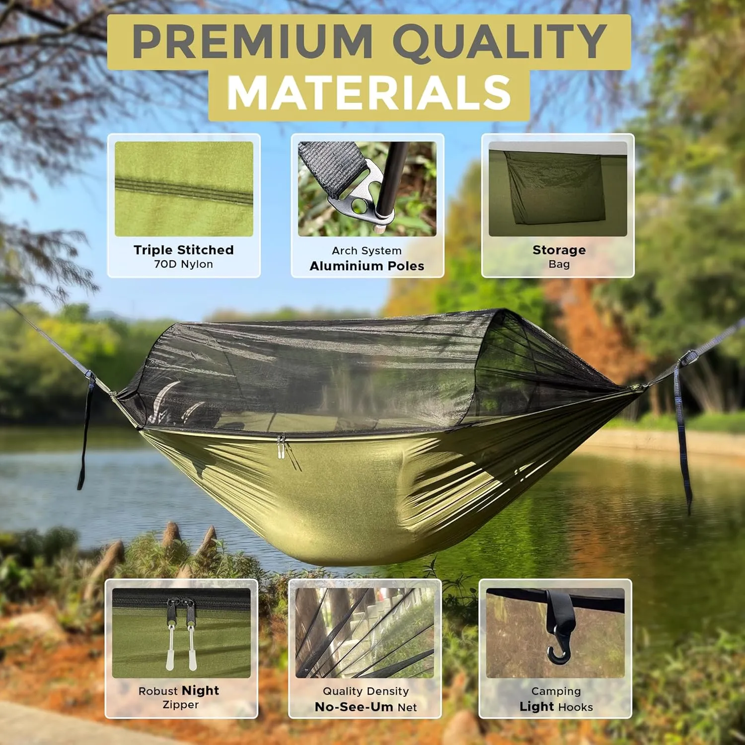 Camping Hammock with Mosquito Net – Lightweight & Portable Double/Single Hammock with House-Like Net, Easy Setup for Hiking, Backpacking, and Outdoor Sleeping