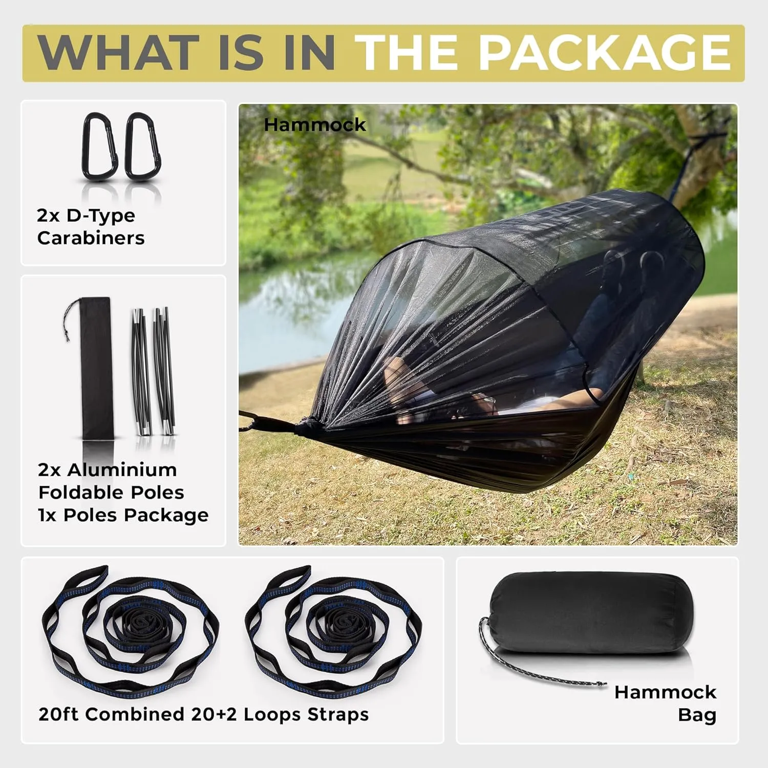 Camping Hammock with Mosquito Net – Lightweight & Portable Double/Single Hammock with House-Like Net, Easy Setup for Hiking, Backpacking, and Outdoor Sleeping