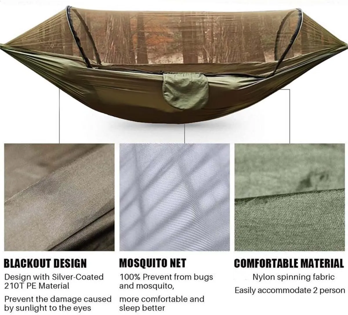 Camping Hammock with Mosquito Net, Travel Lightweight with Tree Straps & Solid D-Shape Carabiners for Backyard, Garden, Patio, Hiking