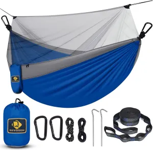 Camping Hammock with Net,Travel Portable Lightweight Hammocks with Tree Straps and Solid D-Shape Carabiners,Parachute Nylon Hammock for Outsides Backpacking Beach Backyard Patio Hiking Blue & Grey