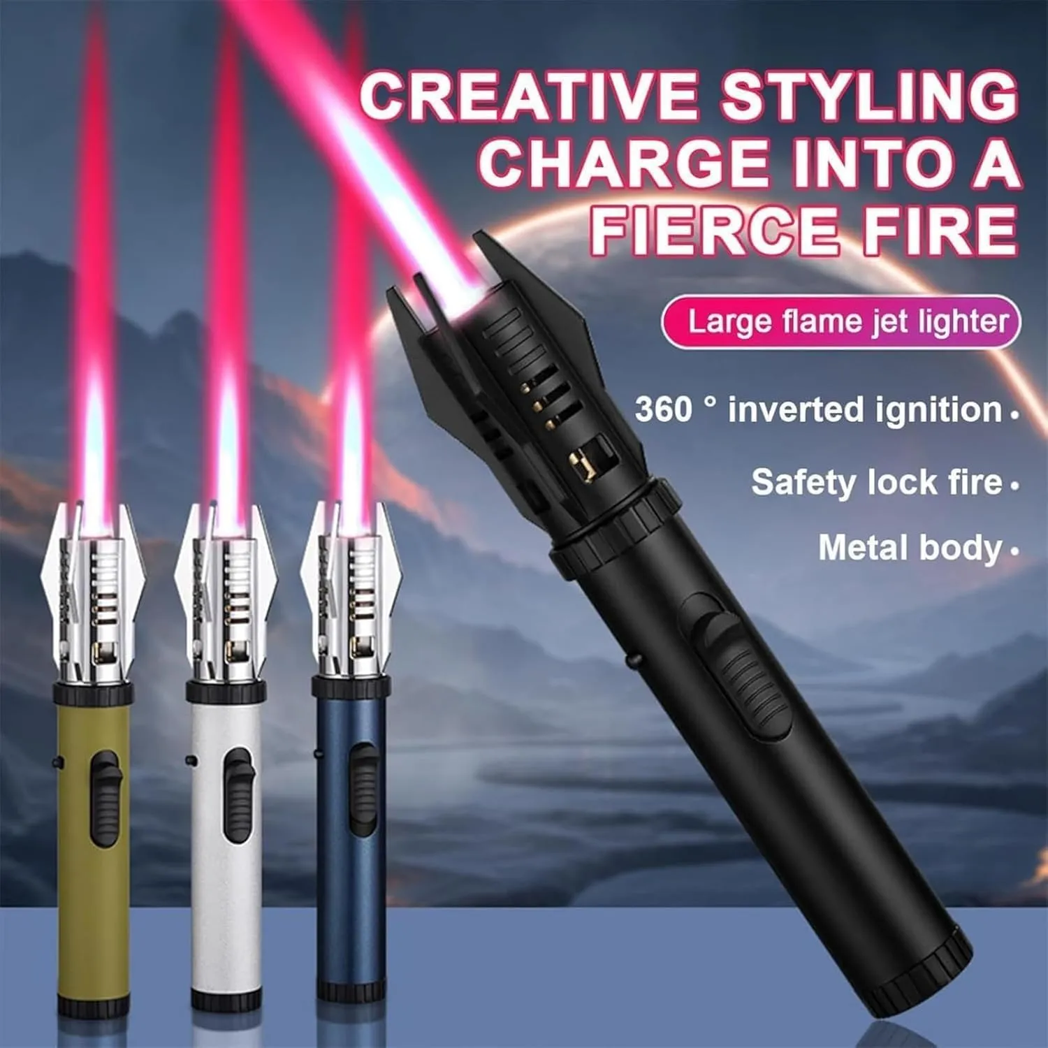 Camping Outdoor Windproof Straight Flame Lighter, 2025 New 360° Inverted Ignition, Adjustable, Suitable for All Environments, Gift for Men, with Gift Box (Black)
