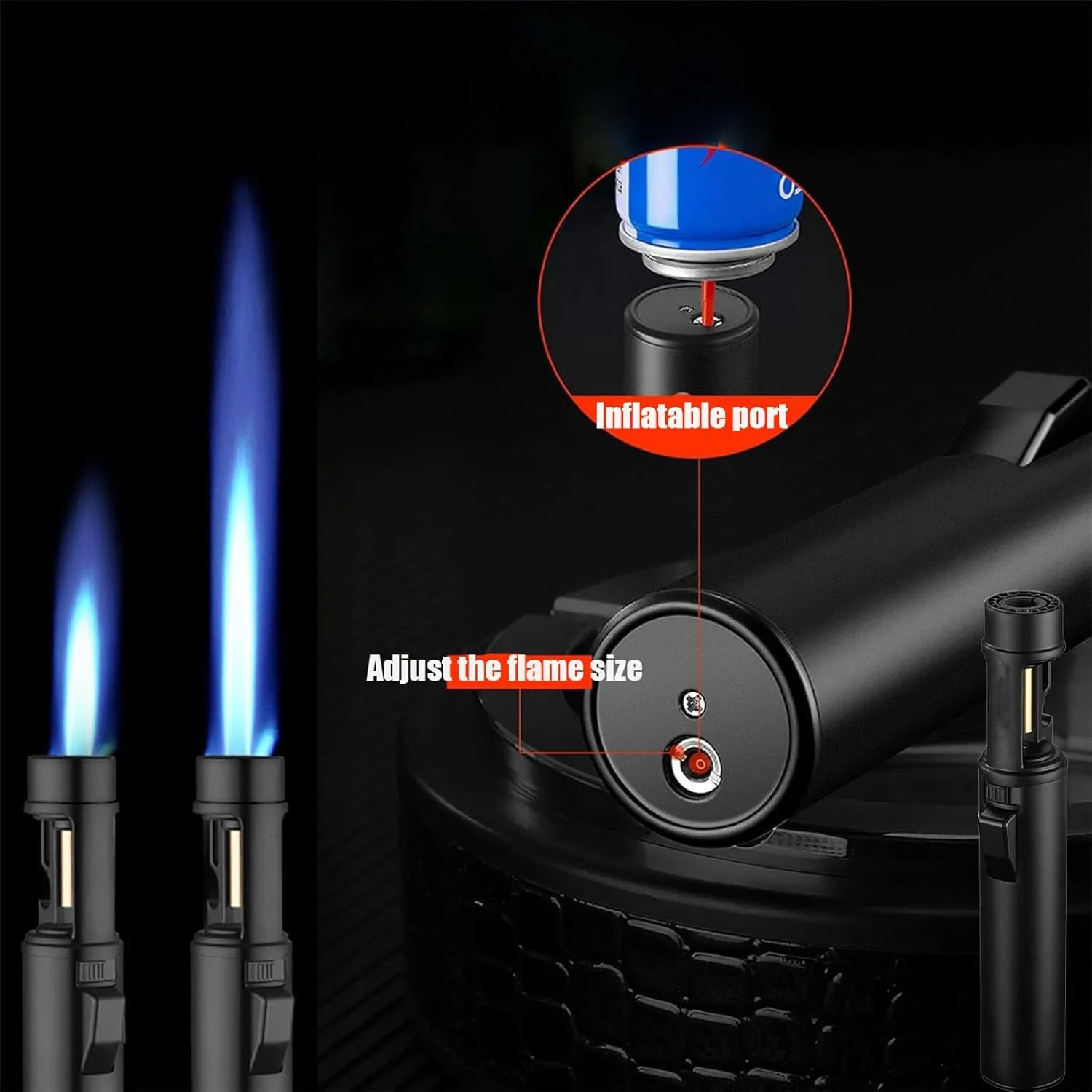 Camping Outdoor Windproof Straight Flame Lighter, Airbrush With Adjustable Flame Size, 360 Degree Rotating Ignition, Refillable Butane Torch (A-Black)
