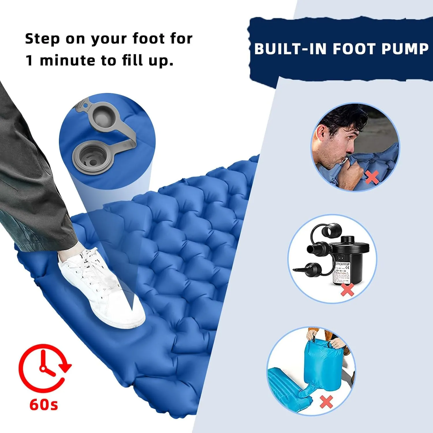 Camping Sleeping Pad, Inflatable Camping Sleeping Mat with Pillow Built-in Foot Press, Lightweight Camping Mattress Pad for Camping Backpacking Hiking Traveling Tent (Blue)