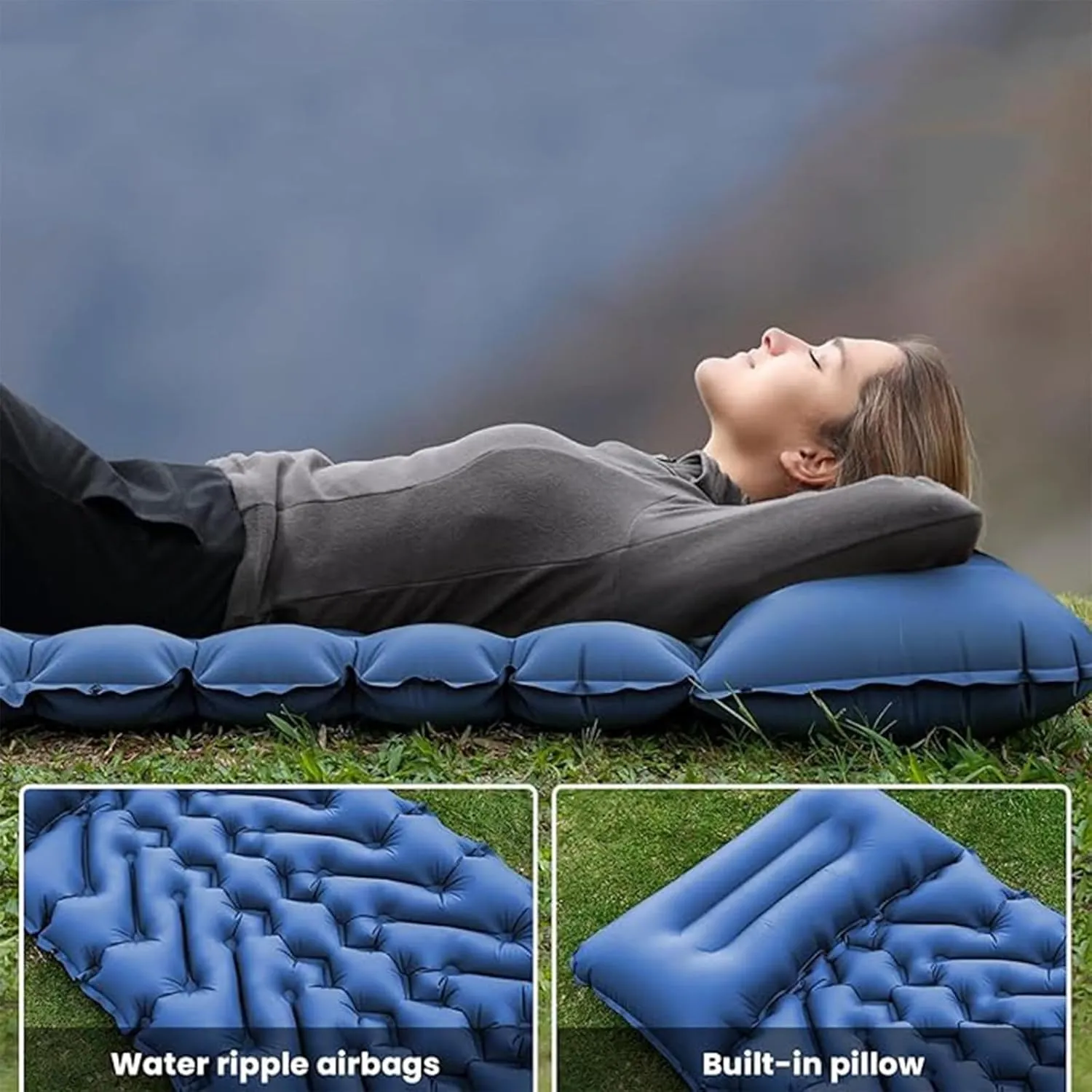 Camping Sleeping Pad, Inflatable Camping Sleeping Mat with Pillow Built-in Foot Press, Lightweight Camping Mattress Pad for Camping Backpacking Hiking Traveling Tent (Blue)