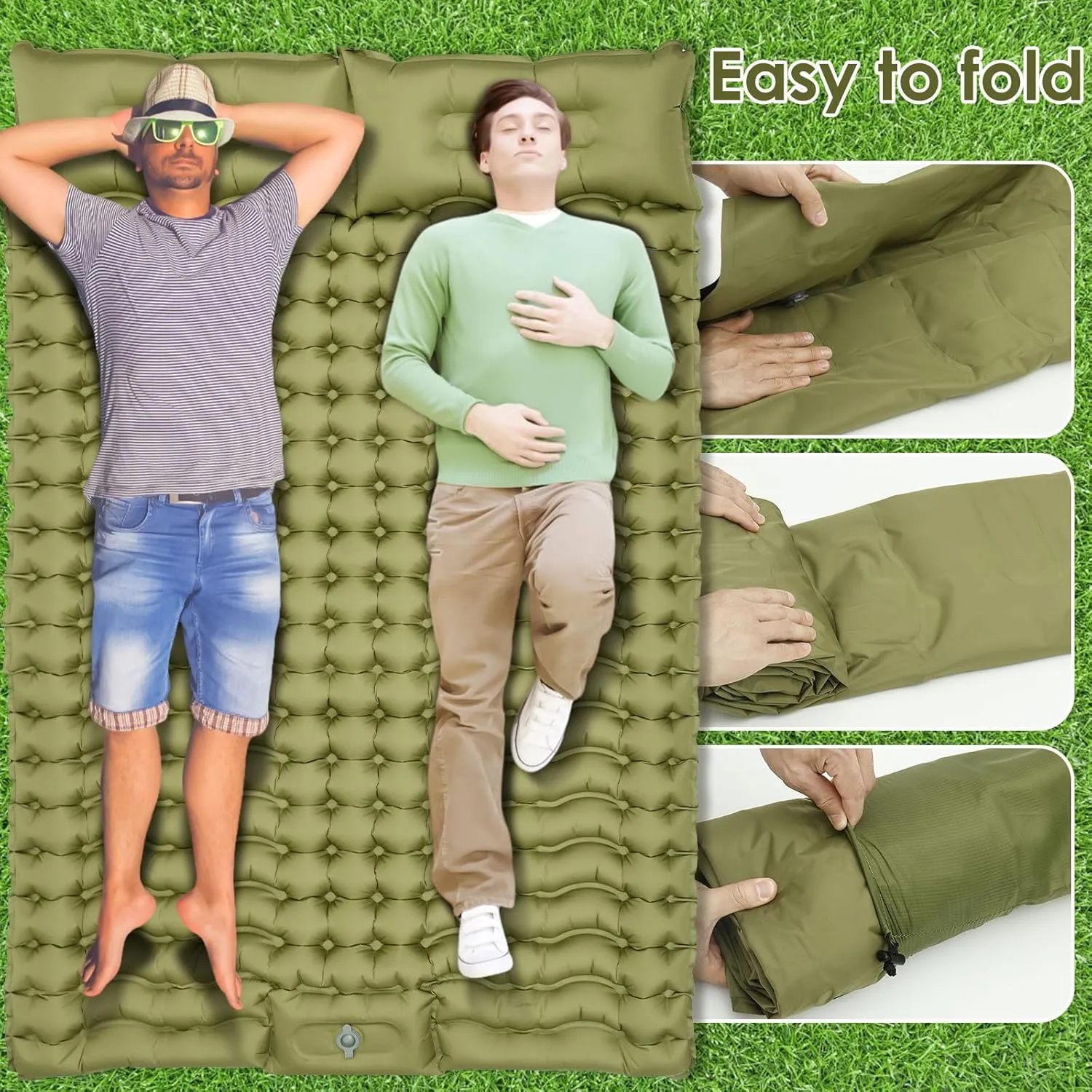 Camping Sleeping Pad, Inflatable Sleeping Mat with Storage Bag, Portable Camping Mat with Pillow Built-in Foot Pump, Double Sleeping Pad for Traveling Outside(Green,Two Persons)