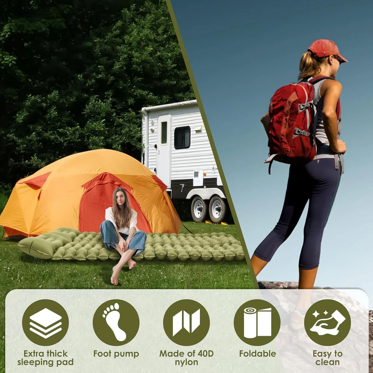 Camping Sleeping Pad, Inflatable Sleeping Mat with Storage Bag, Portable Camping Mat with Pillow Built-in Foot Pump, Double Sleeping Pad for Traveling Outside(Green,Two Persons)