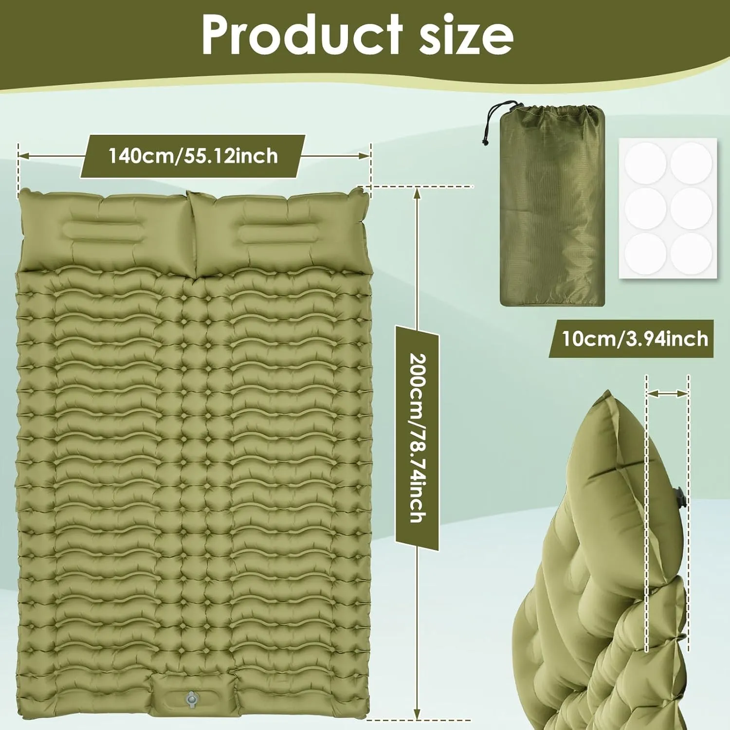 Camping Sleeping Pad, Inflatable Sleeping Mat with Storage Bag, Portable Camping Mat with Pillow Built-in Foot Pump, Double Sleeping Pad for Traveling Outside(Green,Two Persons)