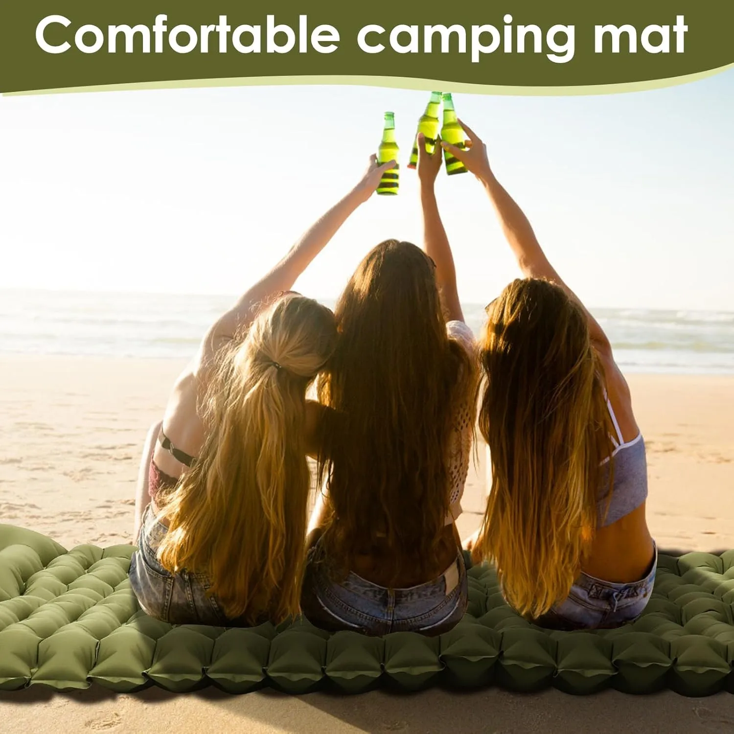 Camping Sleeping Pad, Inflatable Sleeping Mat with Storage Bag, Portable Camping Mat with Pillow Built-in Foot Pump, Double Sleeping Pad for Traveling Outside(Green,Two Persons)