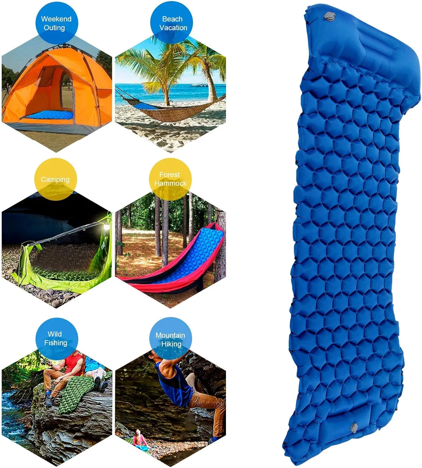 Camping Sleeping Pad Mat, Inflatable Mattress with 2 Way Valve, Sturdy 40D Nylon Fabric, TPU Laminate, Tear, for Tent Hiking Travel (RoyalBlue)