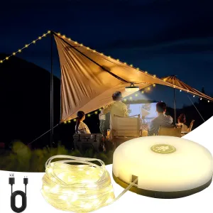 Camping String Lights, 33ft 2 in 1 Camping Lantern String Lights, Waterproof Outdoor String Lights with 5 Lighting Modes, Quick Roll Up Magnetic Tent Lights USB Rechargeable for Camping