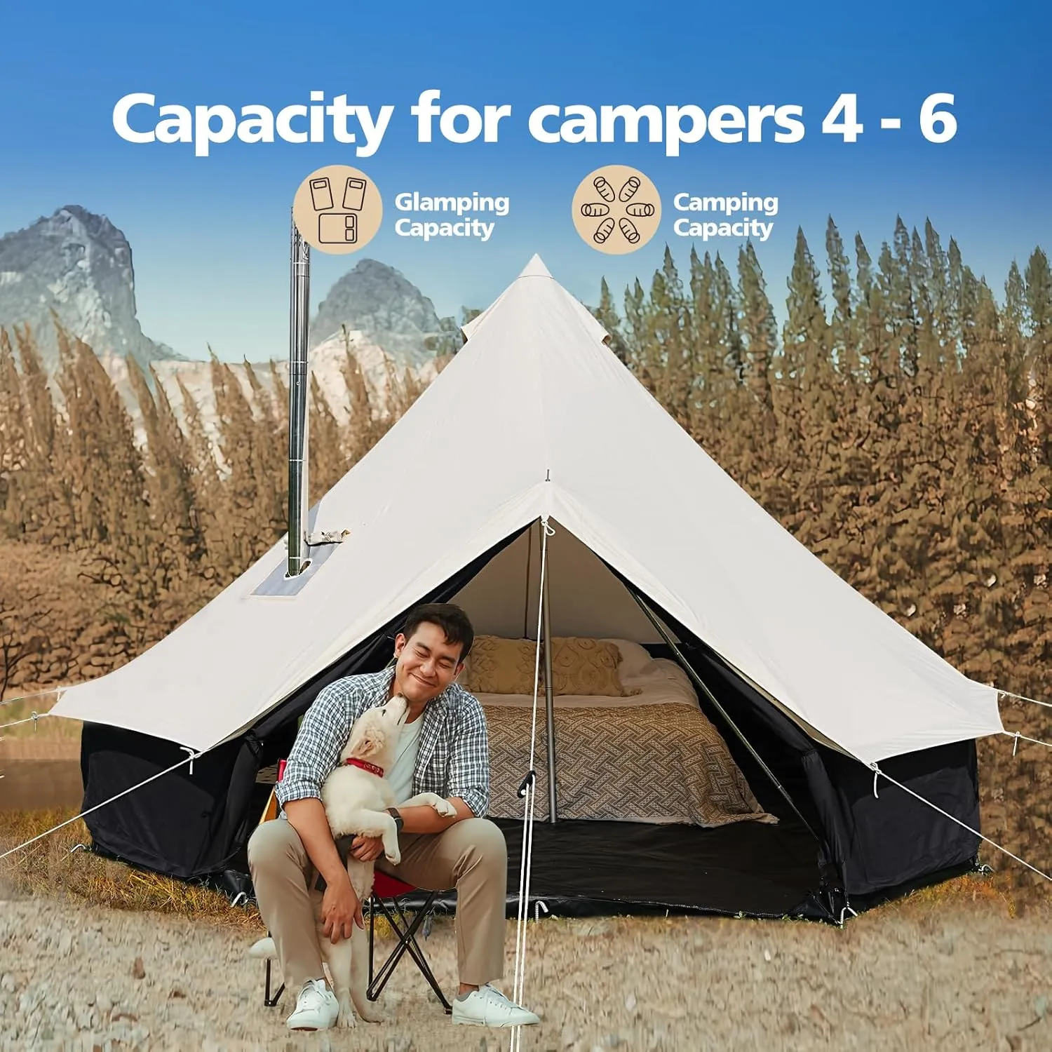 Canvas Tent Bell Tent,Yurt Tent with Stove Jack,4 Season Tent with Zipped Removable Floor,Family Camping Outdoor Hunting Party