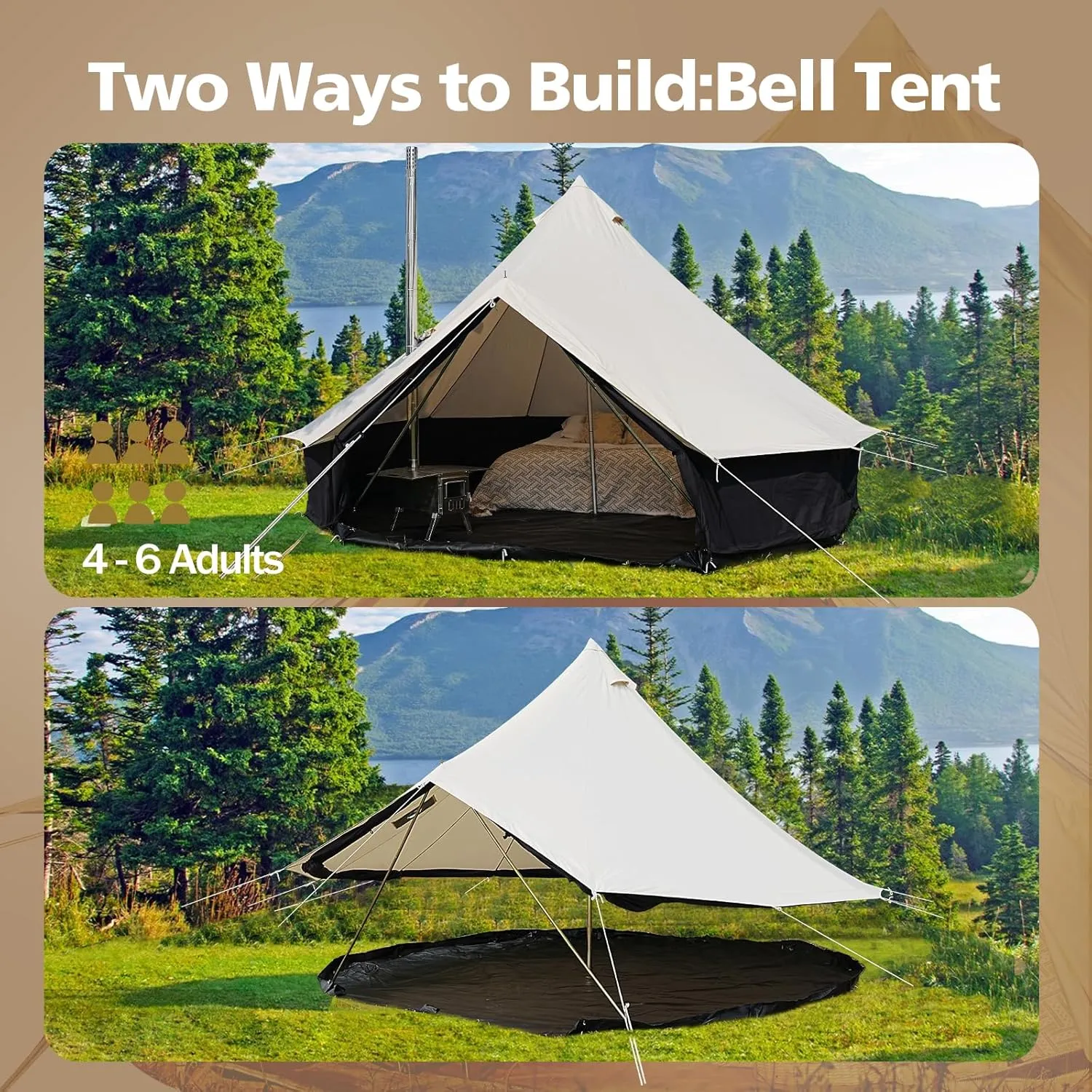 Canvas Tent Bell Tent,Yurt Tent with Stove Jack,4 Season Tent with Zipped Removable Floor,Family Camping Outdoor Hunting Party