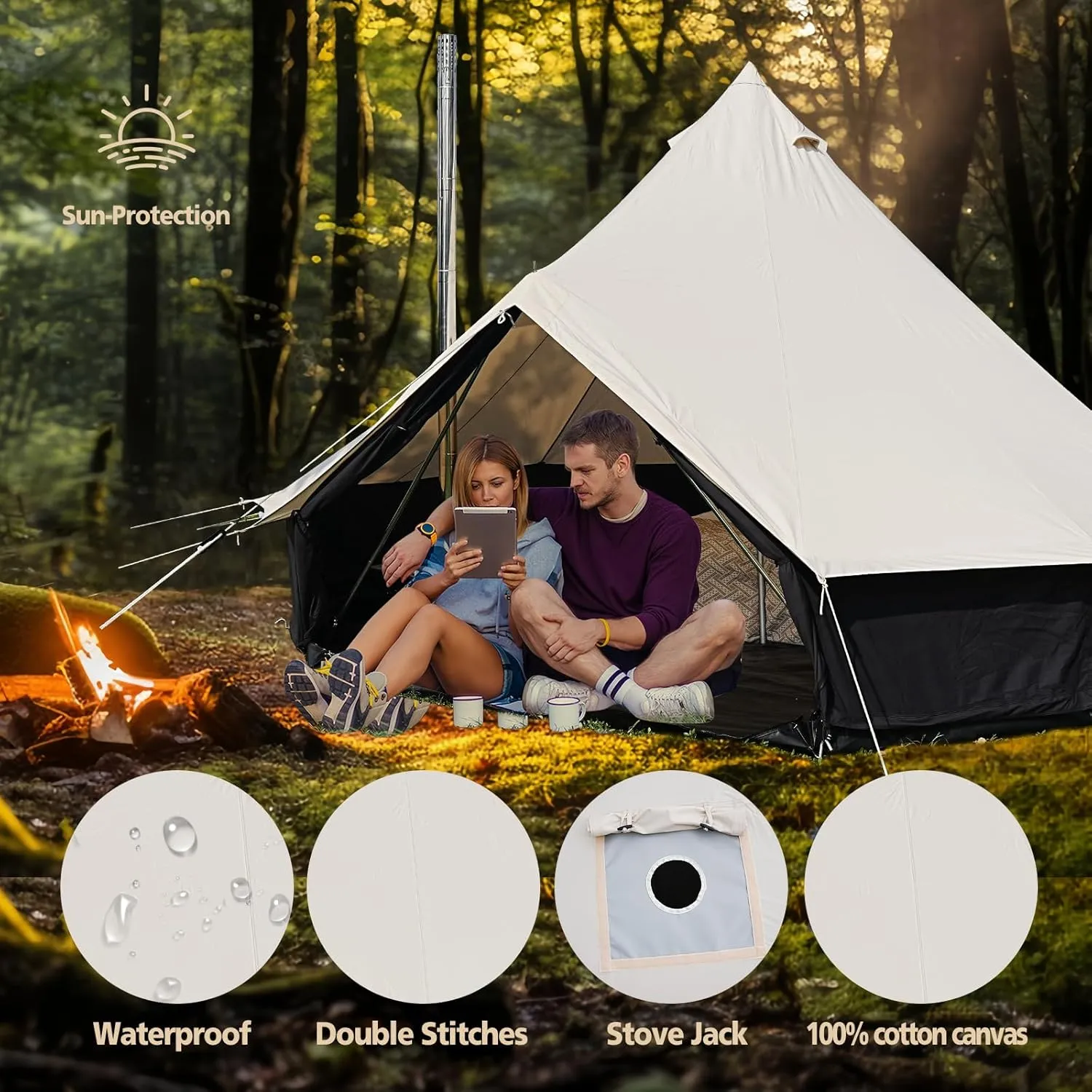 Canvas Tent Bell Tent,Yurt Tent with Stove Jack,4 Season Tent with Zipped Removable Floor,Family Camping Outdoor Hunting Party