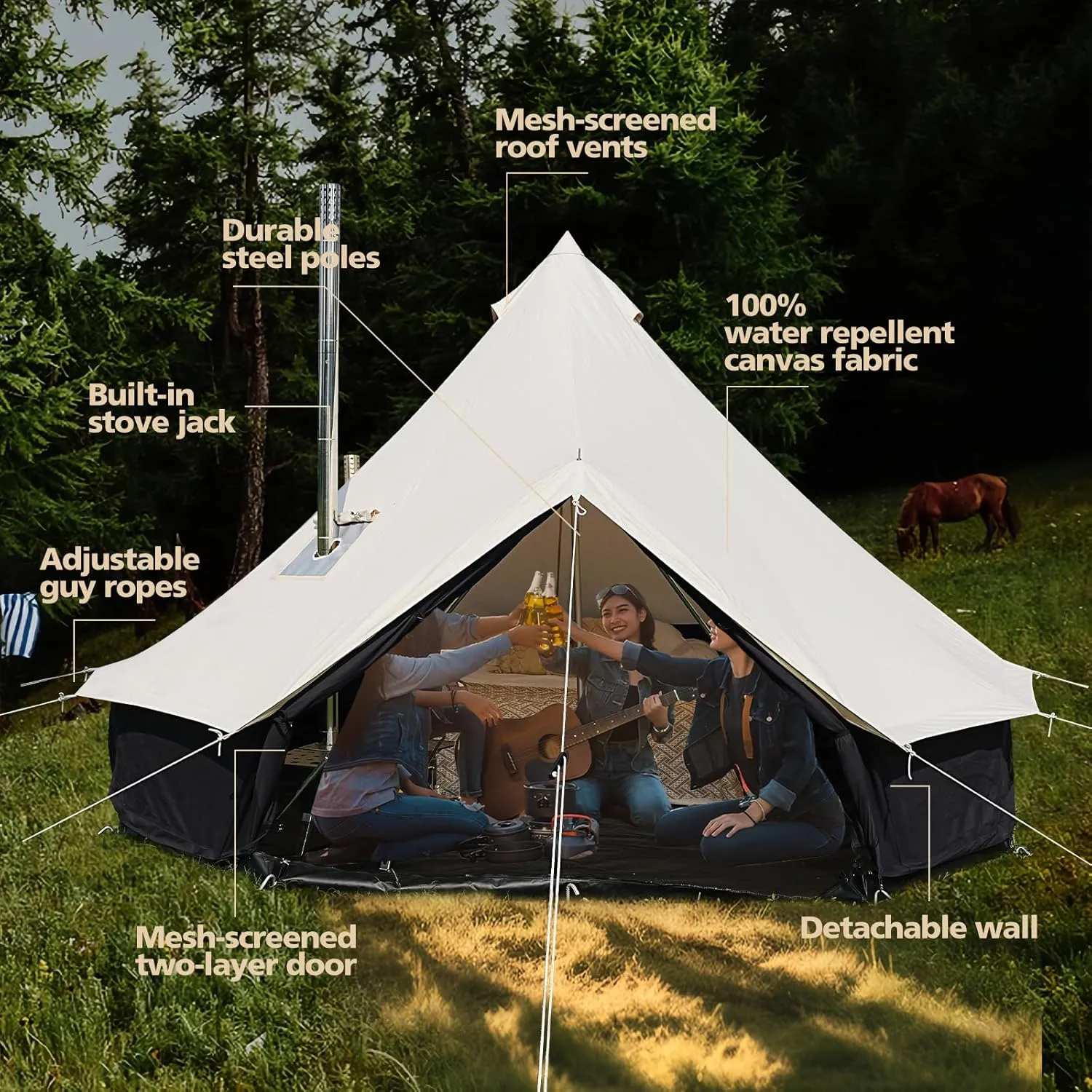 Canvas Tent Bell Tent,Yurt Tent with Stove Jack,4 Season Tent with Zipped Removable Floor,Family Camping Outdoor Hunting Party