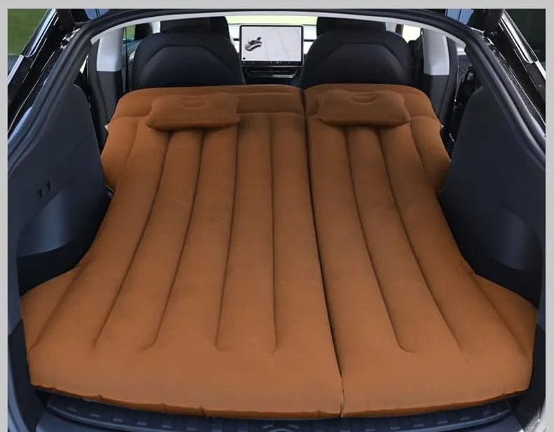 Car Air Mattress - Inflatable Camping Bed Compatible with Tesla Model Y, Thickened Flocked AirBed for Trunk/Backseat/Sedan/SUV/RV, Sleeping Pad with Pump and 2 Pillows for Camping Travel Outdoor Brown