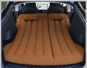 Car Air Mattress - Inflatable Camping Bed Compatible with Tesla Model Y, Thickened Flocked AirBed for Trunk/Backseat/Sedan/SUV/RV, Sleeping Pad with Pump and 2 Pillows for Camping Travel Outdoor Brown