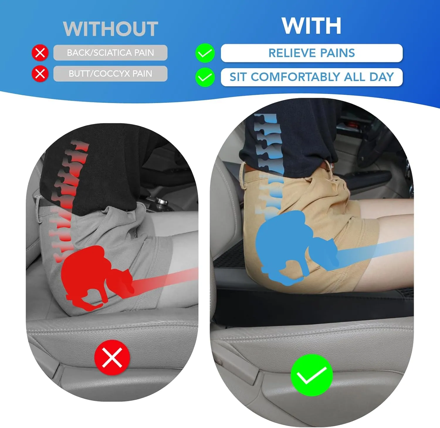 Car Seat Cushion: Comfortable Memory Foam Car Seat Cushion for Driving - for Sciatica-Tailobone Pain Relief - Seat Cushion for Car-Truck, Office, Wheelchair - Black