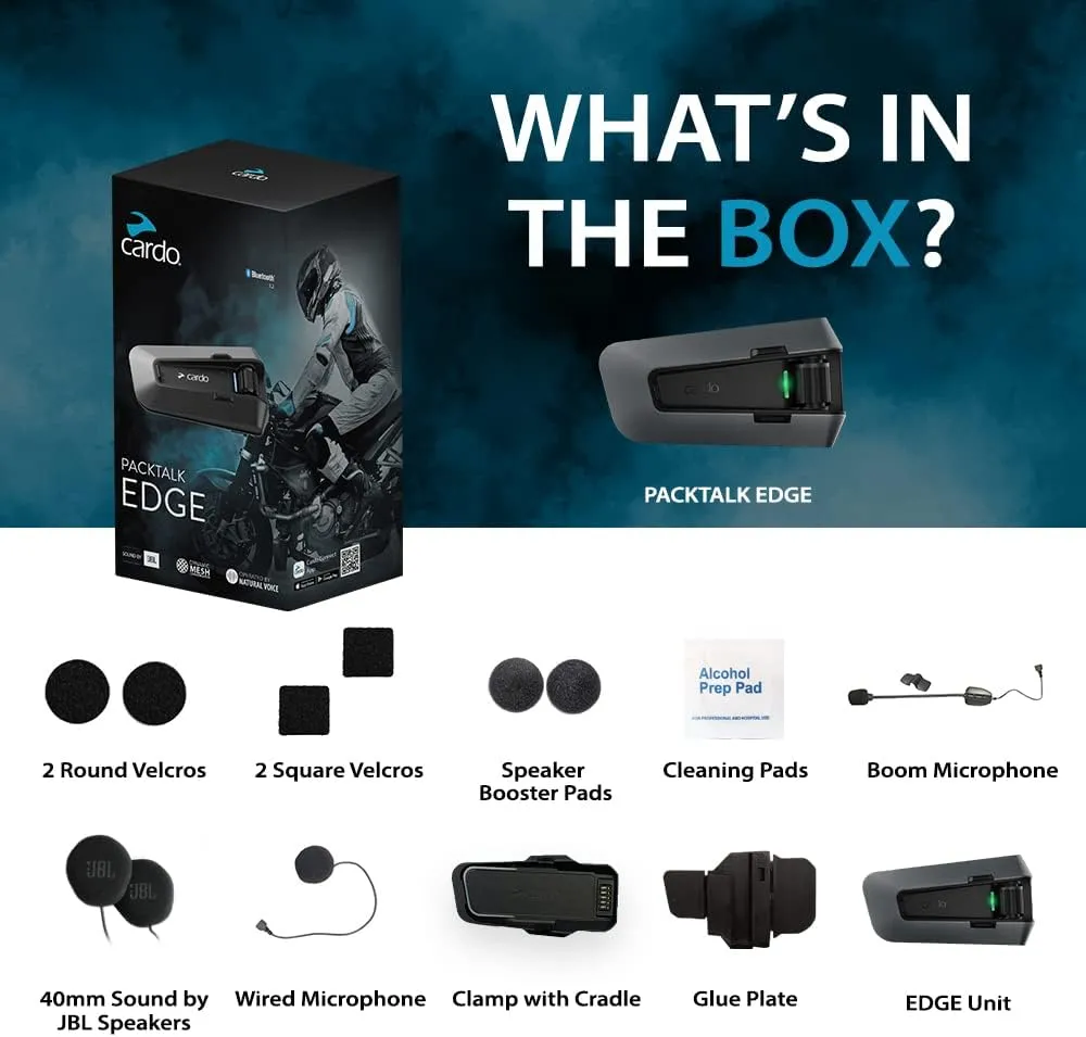 Cardo PACKTALK Edge Motorcycle Bluetooth Communication System Headset Intercom - Single Pack, Black