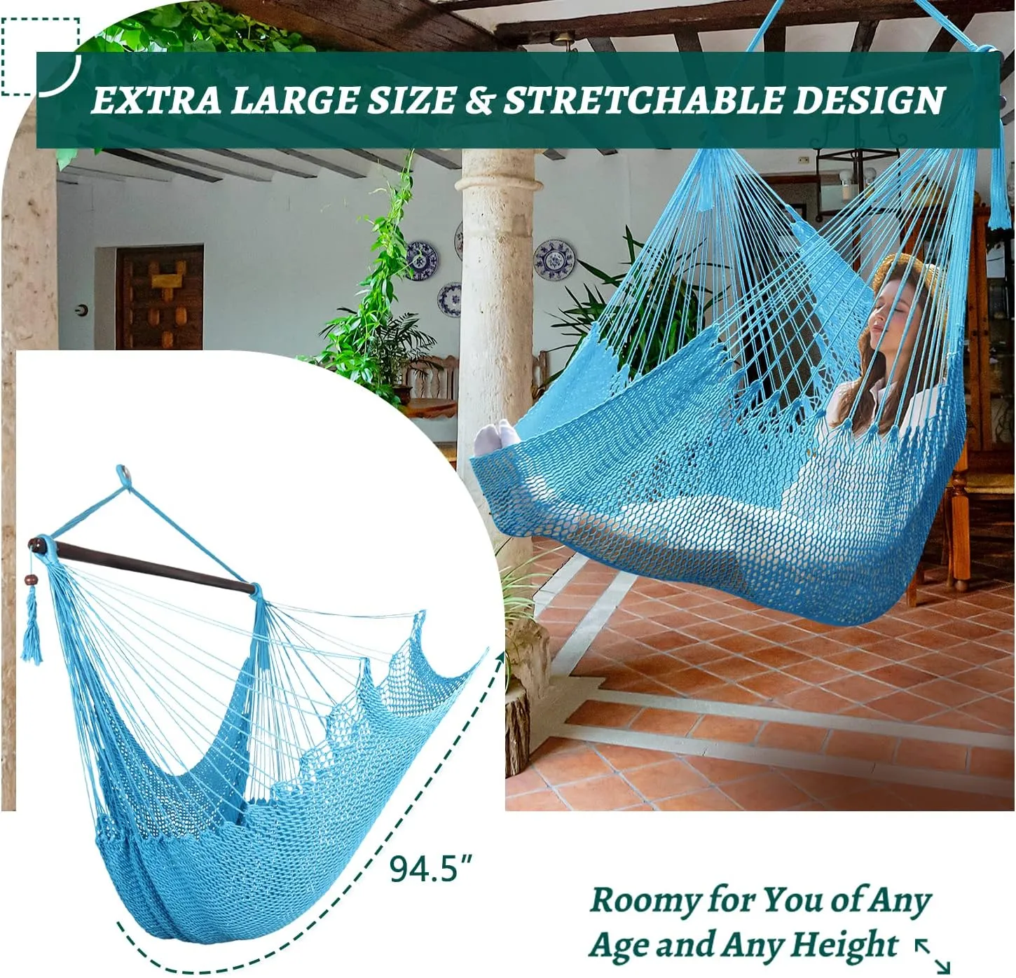 Caribbean Hammock Swing Chair with Spreader Bar, Large Hammock Chair, Hand Craft Rope Hanging Chair Outdoor, Indoor, Bedroom, 330 LBS Weight Capacity, Blue