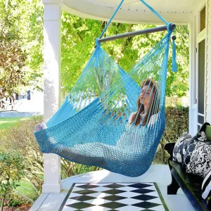Caribbean Hammock Swing Chair with Spreader Bar, Large Hammock Chair, Hand Craft Rope Hanging Chair Outdoor, Indoor, Bedroom, 330 LBS Weight Capacity, Blue