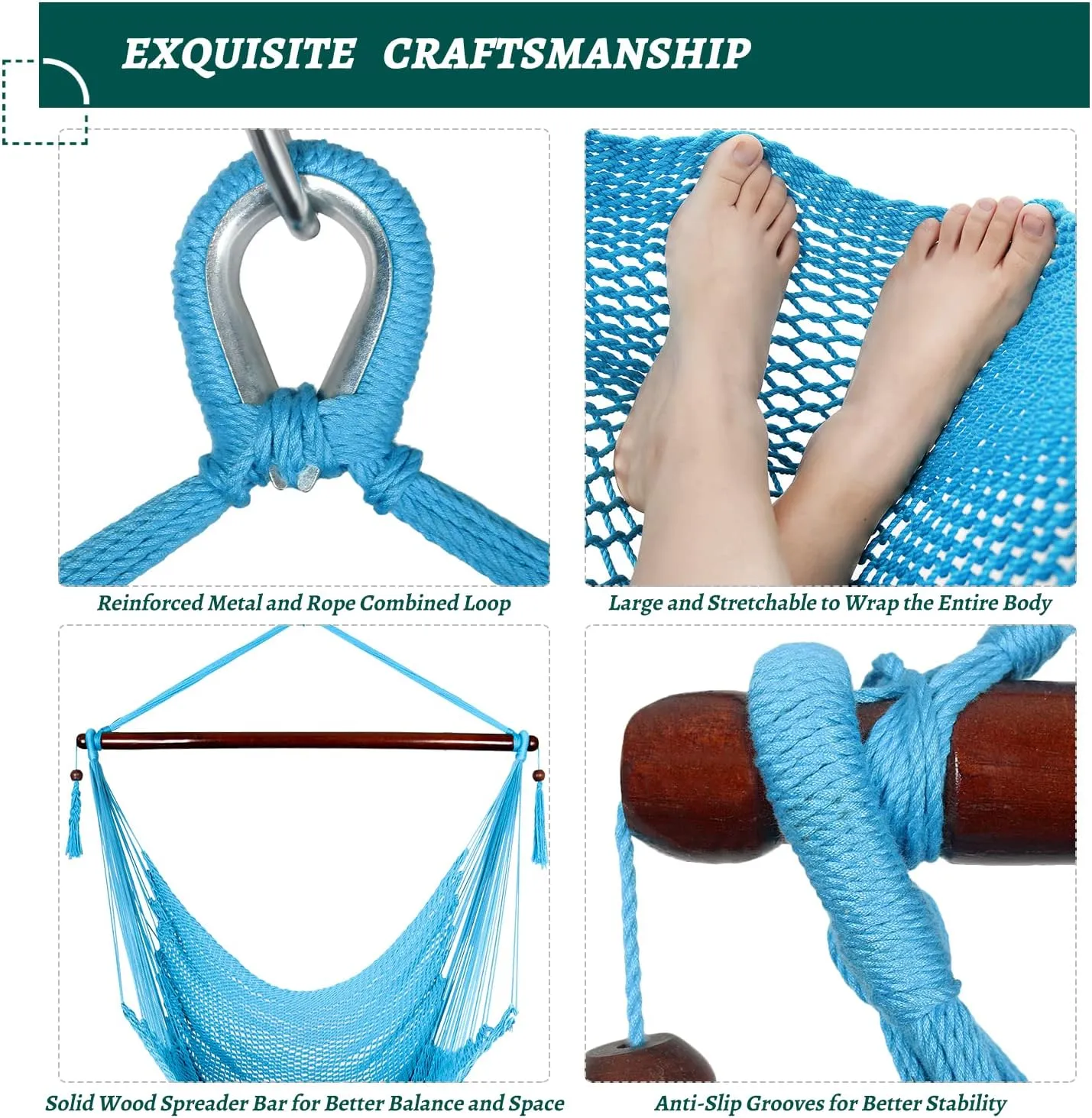 Caribbean Hammock Swing Chair with Spreader Bar, Large Hammock Chair, Hand Craft Rope Hanging Chair Outdoor, Indoor, Bedroom, 330 LBS Weight Capacity, Blue