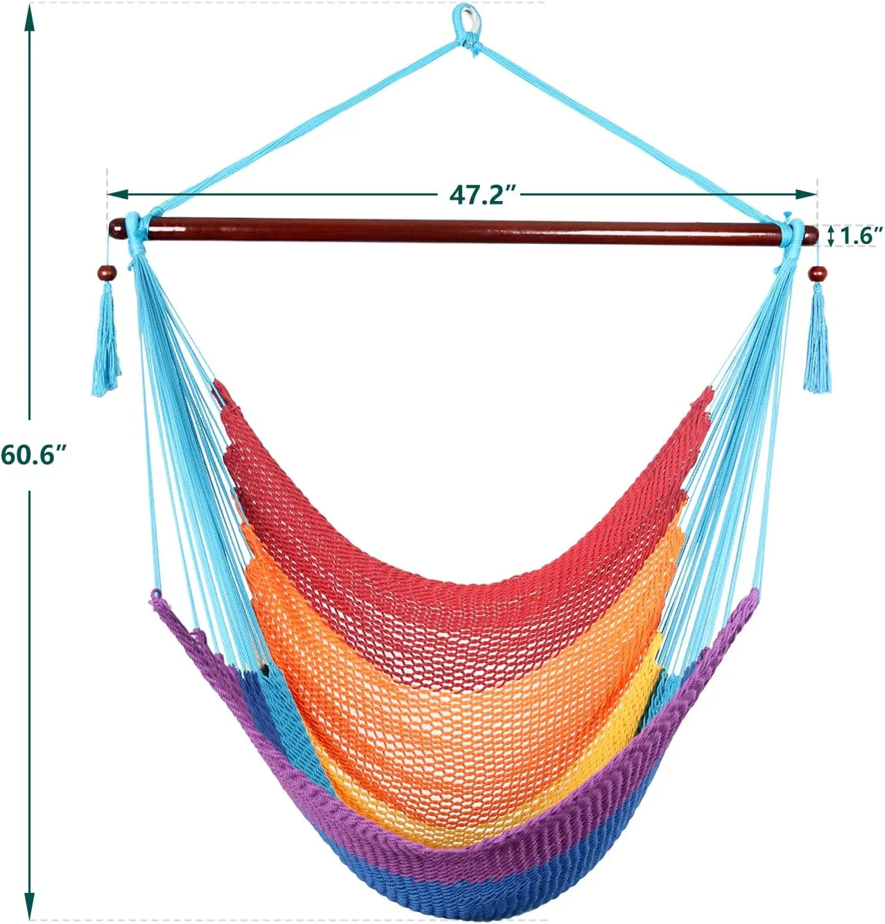 Caribbean Hammock Swing Chair with Spreader Bar, Large Hammock Chair, Hand Craft Rope Hanging Chair Outdoor, Indoor, Bedroom, 330 LBS Weight Capacity, Rainbow