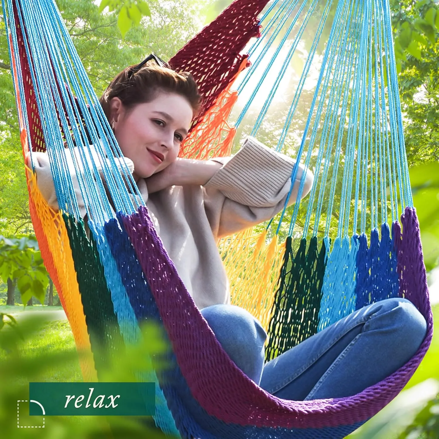 Caribbean Hammock Swing Chair with Spreader Bar, Large Hammock Chair, Hand Craft Rope Hanging Chair Outdoor, Indoor, Bedroom, 330lbsWeight Capacity, Rainbow