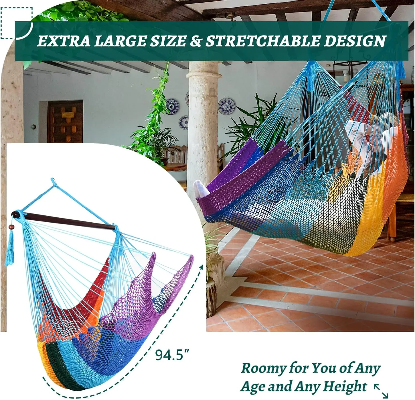 Caribbean Hammock Swing Chair with Spreader Bar, Large Hammock Chair, Hand Craft Rope Hanging Chair Outdoor, Indoor, Bedroom, 330lbsWeight Capacity, Rainbow