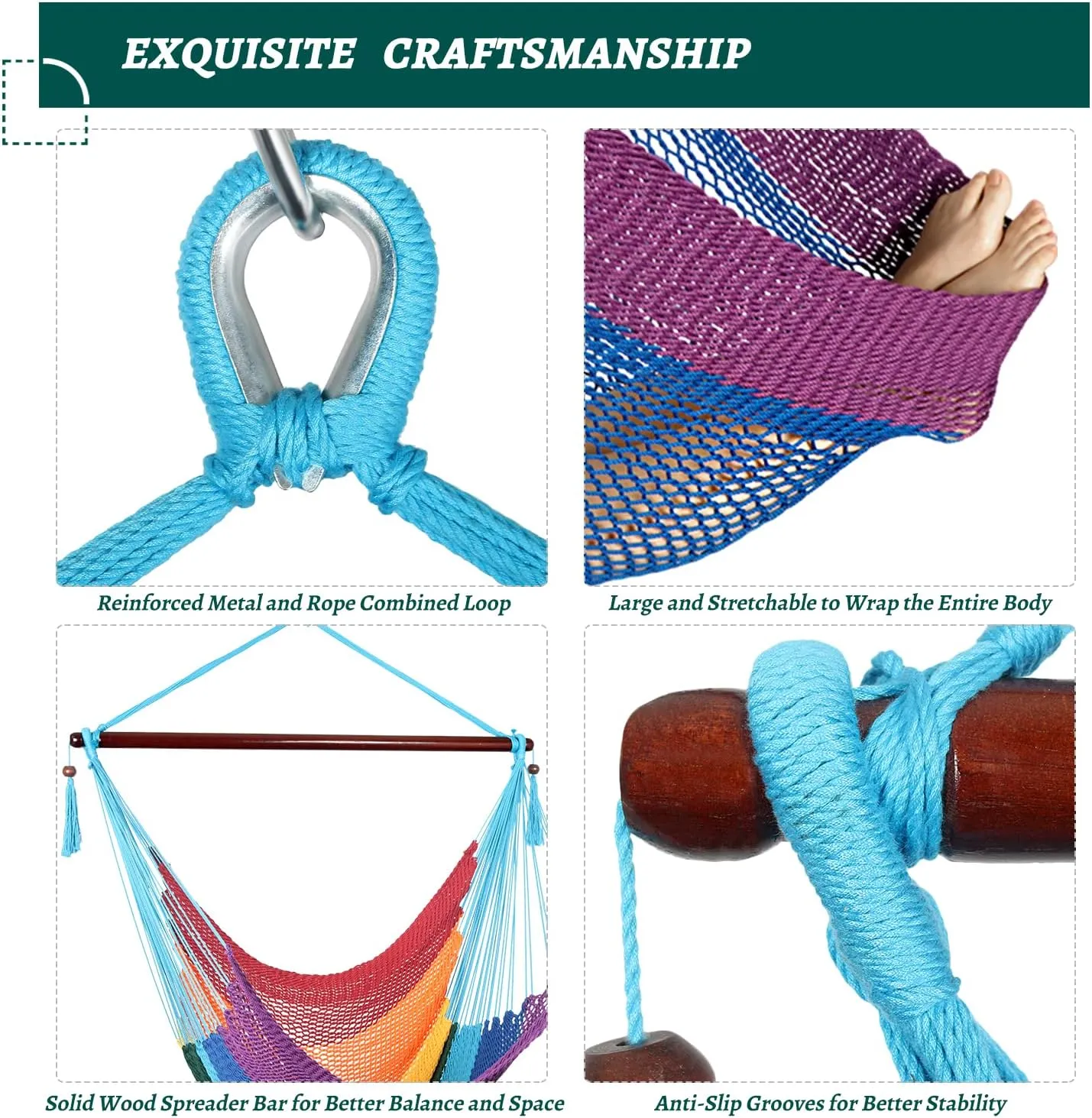 Caribbean Hammock Swing Chair with Spreader Bar, Large Hammock Chair, Hand Craft Rope Hanging Chair Outdoor, Indoor, Bedroom, 330lbsWeight Capacity, Rainbow