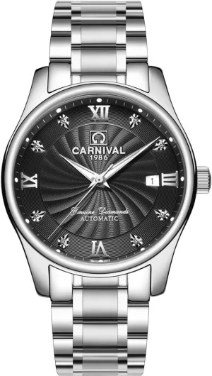 Carnival Men's Automatic Mechanical Business Watch Analog Luminous Calendar Stainless Steel Band (Black)