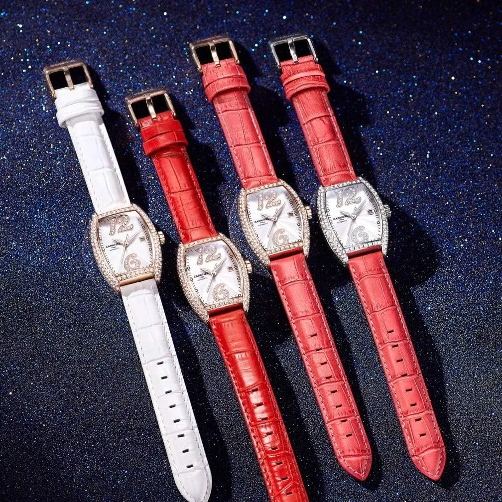 Carnival Women's Automatic Mechanical Watch Tonneau with Leather Band