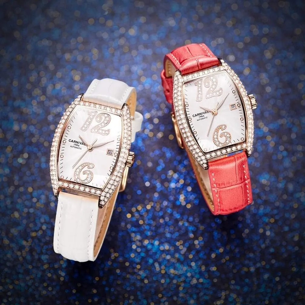 Carnival Women's Automatic Mechanical Watch Tonneau with Leather Band