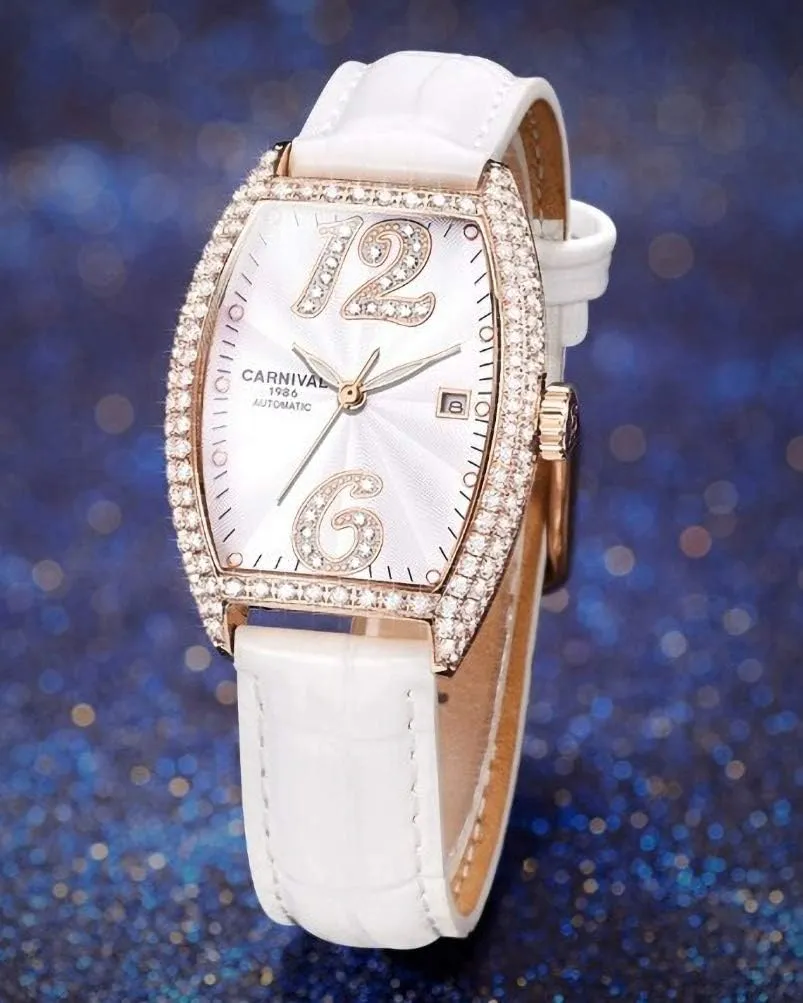 Carnival Women's Automatic Mechanical Watch Tonneau with Leather Band