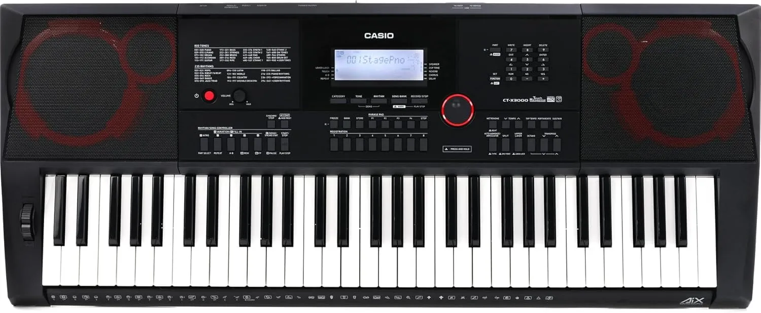 Casio CT-X3000 61-Key Portable Arranger Keyboard with 800 Tones, 235 Rhythms, 17-Track Recorder, USB, 12W Speaker System, Aux In, Headphone Out, Power Supply (CT-X3000)