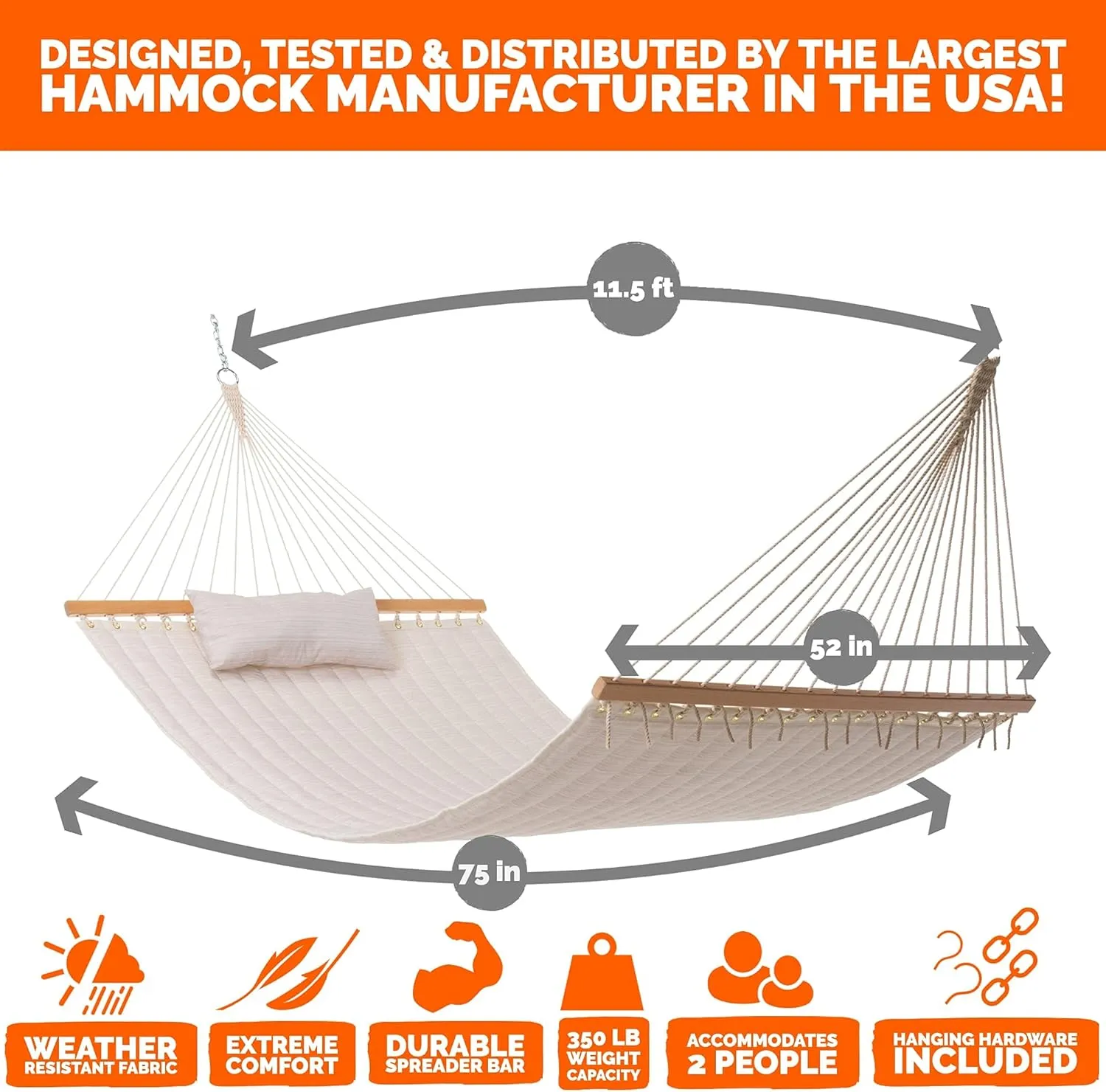 Castaway Living Large 11.5 ft Natural Solid Polyester Quilted Hammock with Pillow, Storage Bag, Extension Chains & Tree Hooks Included, 350 Pound Weight Capacity, Perfect for Any Outdoor Space