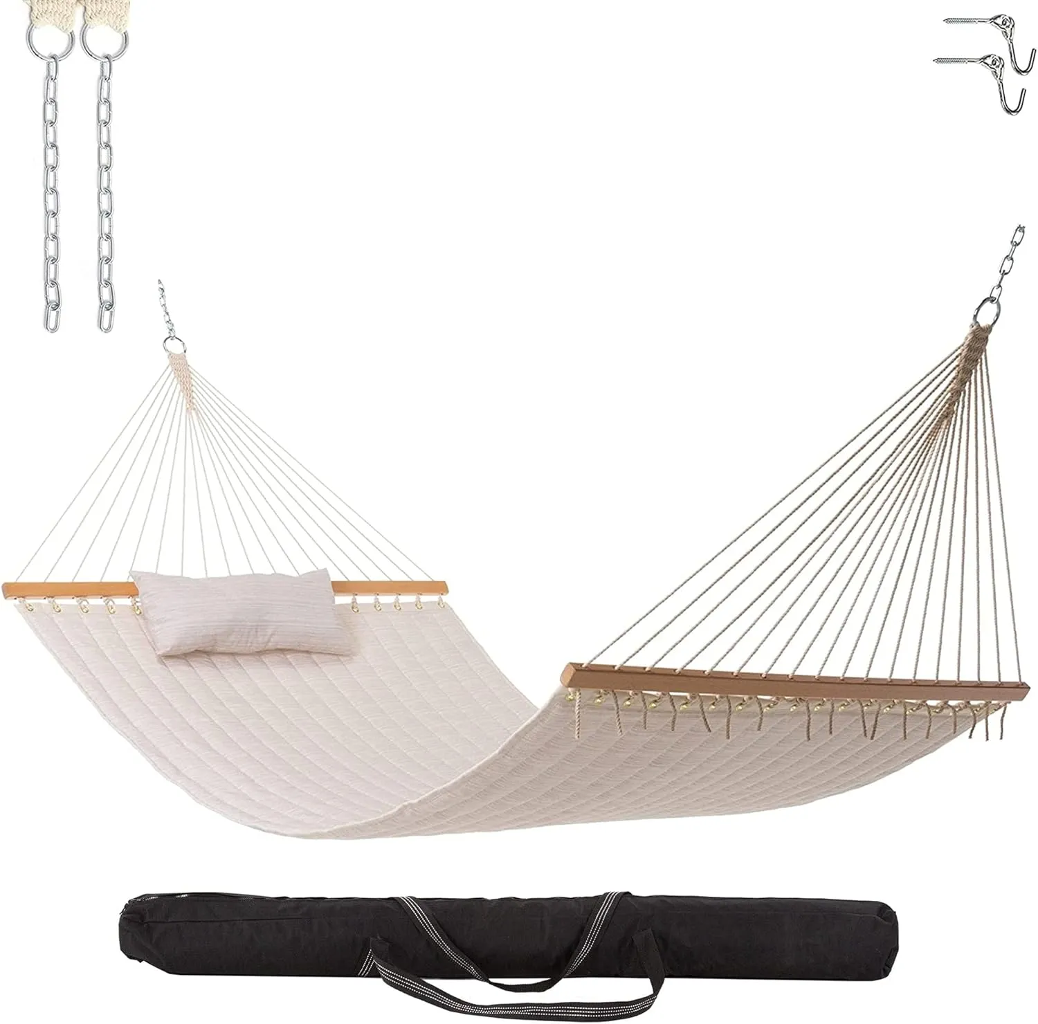 Castaway Living Large 11.5 ft Natural Solid Polyester Quilted Hammock with Pillow, Storage Bag, Extension Chains & Tree Hooks Included, 350 Pound Weight Capacity, Perfect for Any Outdoor Space