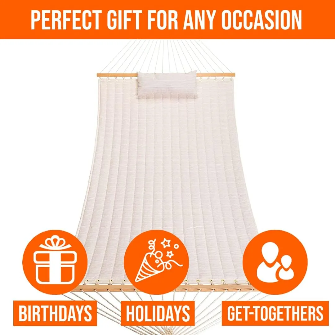 Castaway Living Large 11.5 ft Natural Solid Polyester Quilted Hammock with Pillow, Storage Bag, Extension Chains & Tree Hooks Included, 350 Pound Weight Capacity, Perfect for Any Outdoor Space