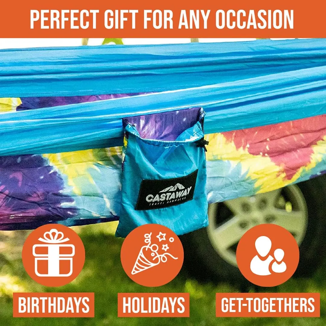 Castaway Travel Hammocks Double Tie Dye Camping Hammock with 2 Tree Straps, Triple Stitched Durable Nylon Material, Compact Design for Backpacking, Travel, Beach, Backyard, Patio, Hiking