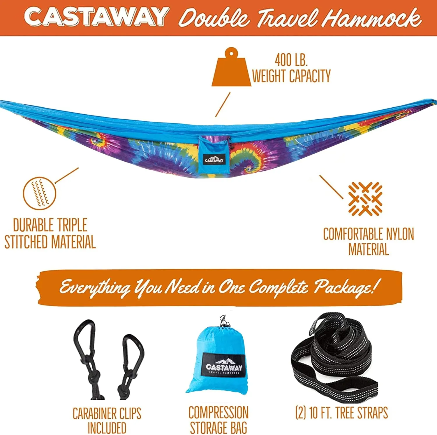 Castaway Travel Hammocks Double Tie Dye Camping Hammock with 2 Tree Straps, Triple Stitched Durable Nylon Material, Compact Design for Backpacking, Travel, Beach, Backyard, Patio, Hiking