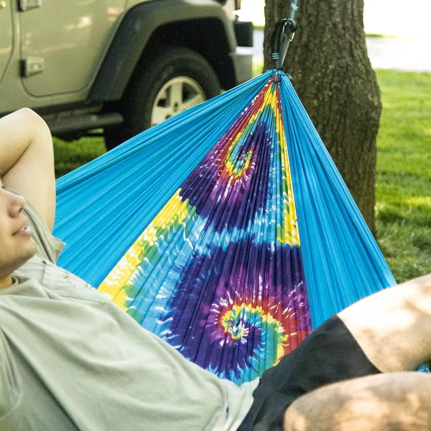 Castaway Travel Hammocks Double Tie Dye Camping Hammock with 2 Tree Straps, Triple Stitched Durable Nylon Material, Compact Design for Backpacking, Travel, Beach, Backyard, Patio, Hiking