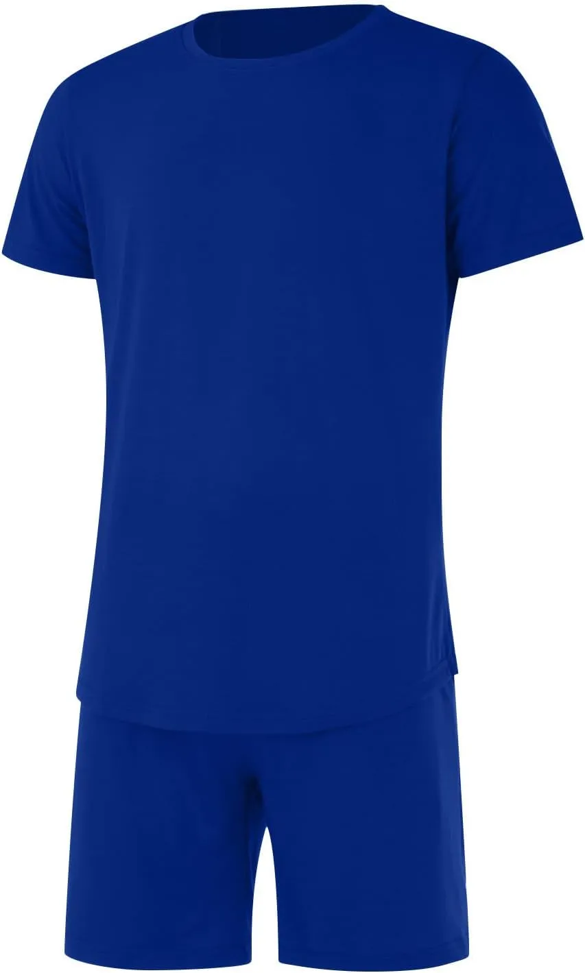 Casual 2 Piece Tracksuits for Men Slim Fit Crewneck Short Sleeve Shirt and Drawstring Shorts Sets Solid Curved Hem Outfits