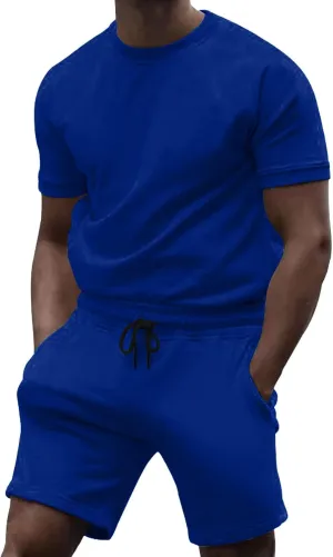 Casual 2 Piece Tracksuits for Men Slim Fit Crewneck Short Sleeve Shirt and Drawstring Shorts Sets Solid Curved Hem Outfits