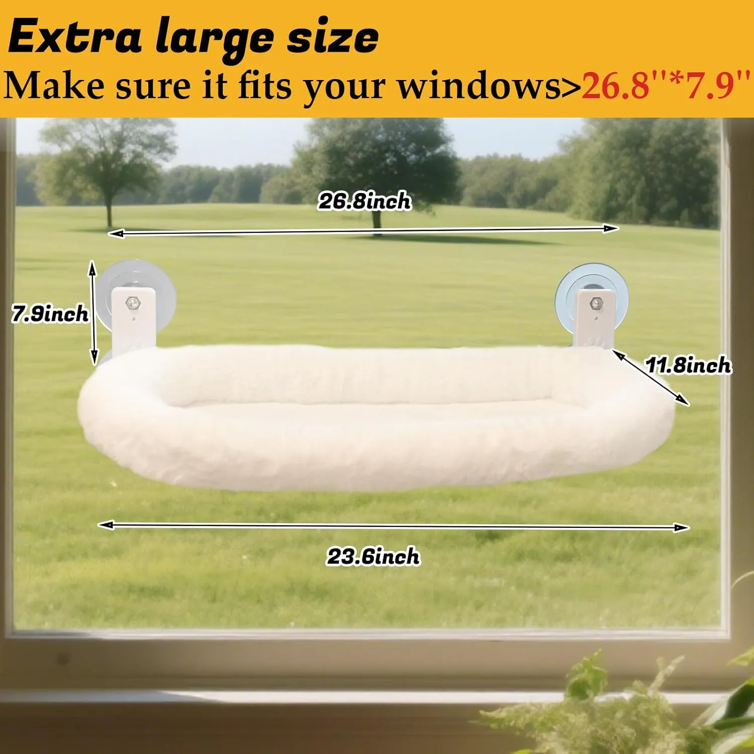 Cat Window Perch, Cordless Foldable Hammock Perch Large23.8''*11.8'' - 4 Suction Cups Resting Seat, Solid Metal Frame, Washable Cover with Two Fabrics to Different Seasons for Large Cat (LAGER, White)