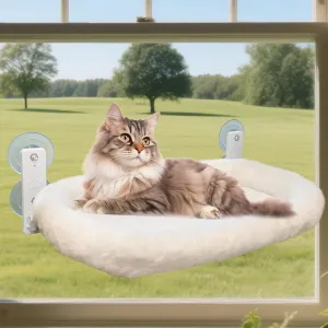Cat Window Perch, Cordless Foldable Hammock Perch Large23.8''*11.8'' - 4 Suction Cups Resting Seat, Solid Metal Frame, Washable Cover with Two Fabrics to Different Seasons for Large Cat (LAGER, White)
